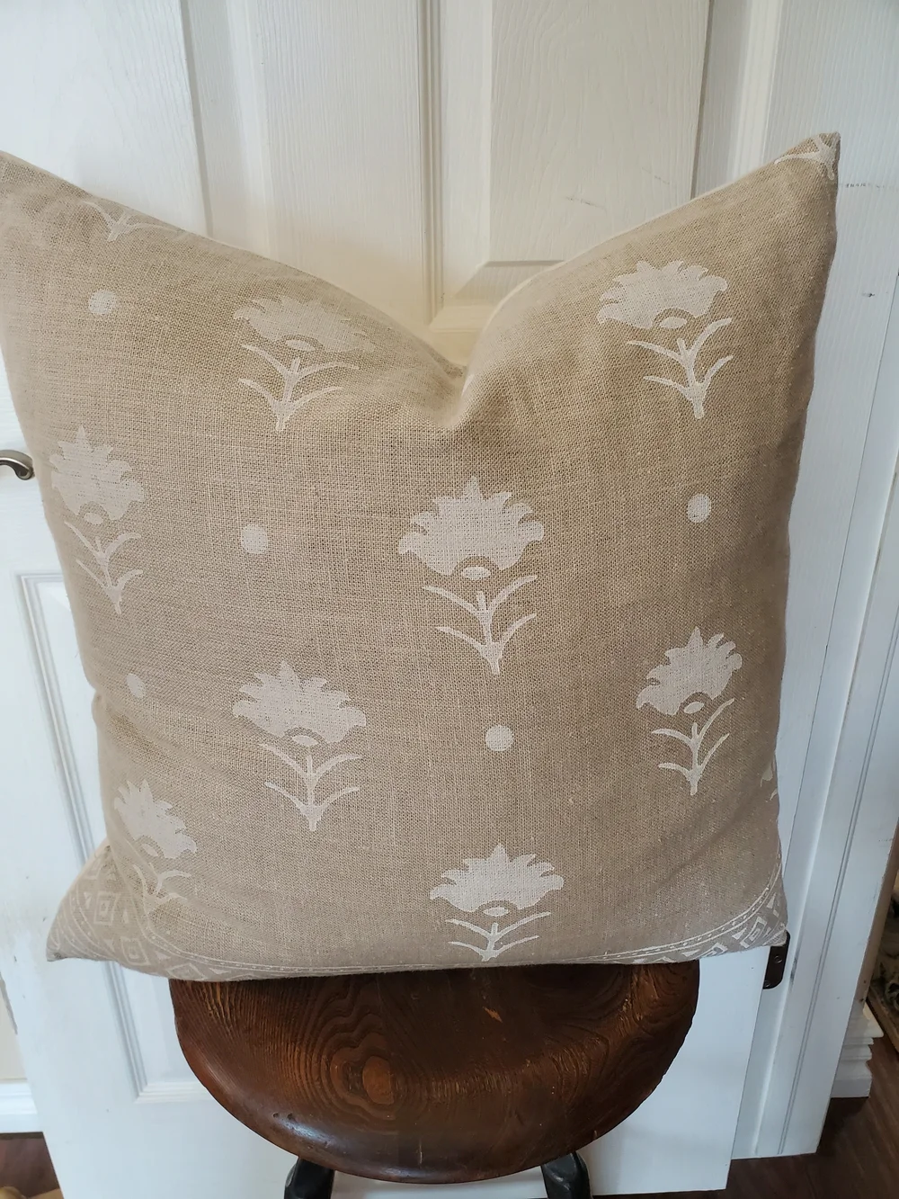 Elio Neutral Beige Linen Throw Pillow with White Floral Print 22x22